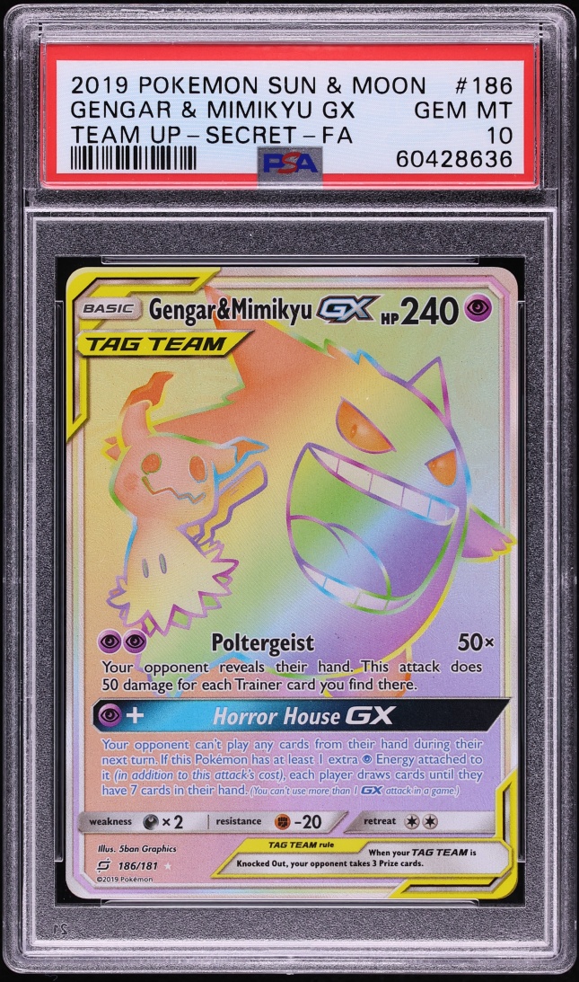 2019 Pokemon Sun & Moon Team Up Rainbow Rare Gengar & Mimikyu GX #186 PSA 10 GEM MINT