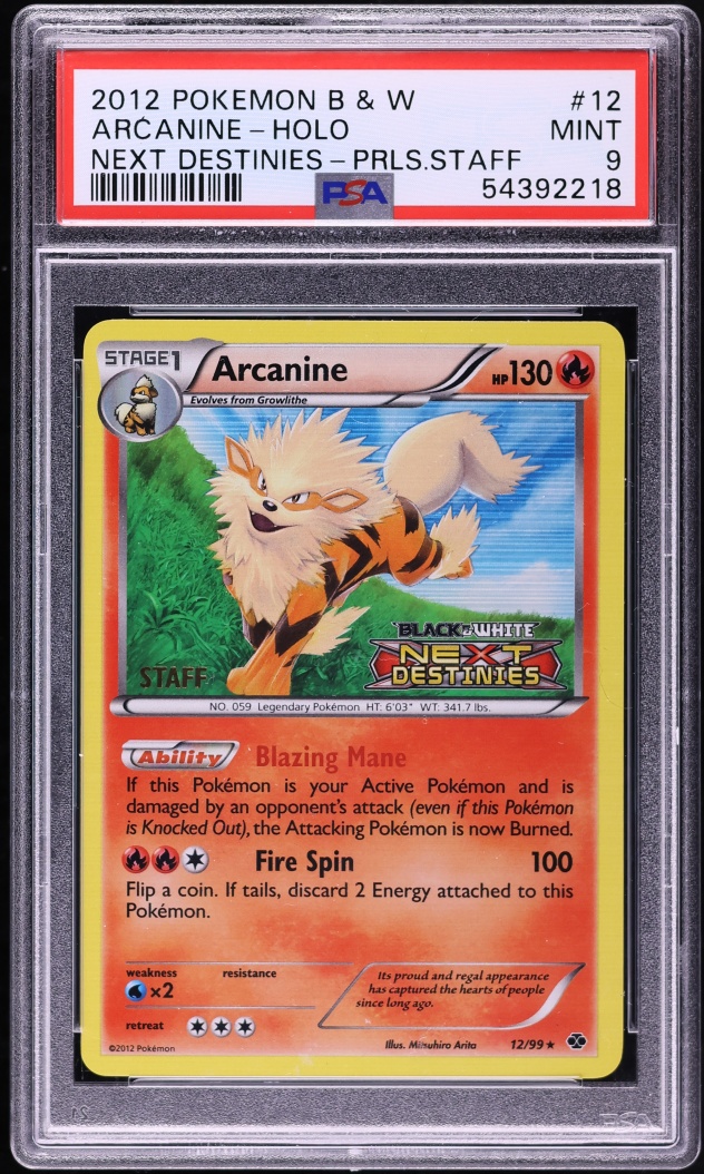 2012 Pokemon BW Next Destinies Prerelease Staff Holo Arcanine #12 PSA 9 MINT