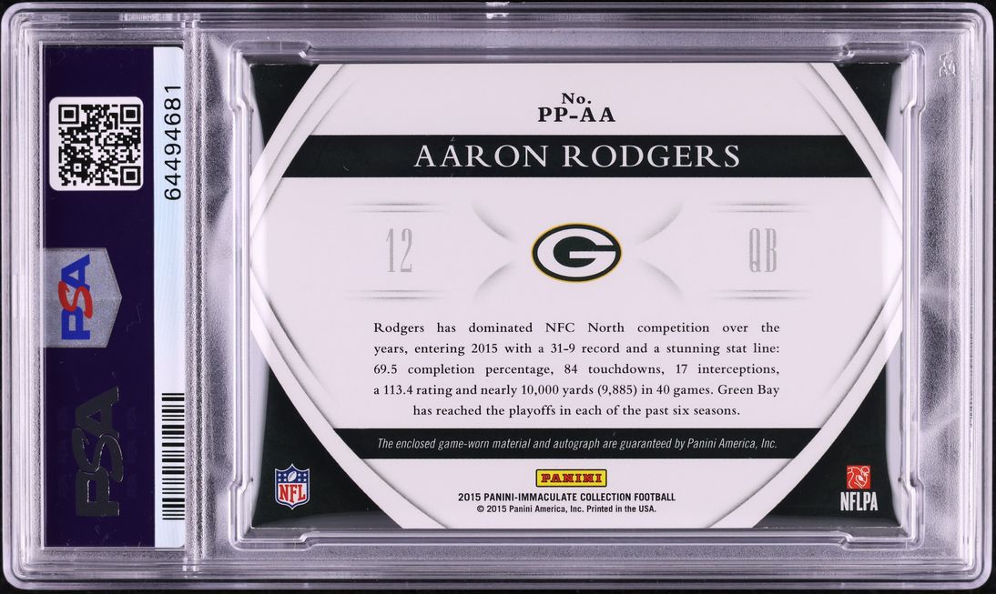 2015 Immaculate Premium Aaron Rodgers NFL SHIELD PATCH AUTO 1/1 #PP-AA PSA AUTH