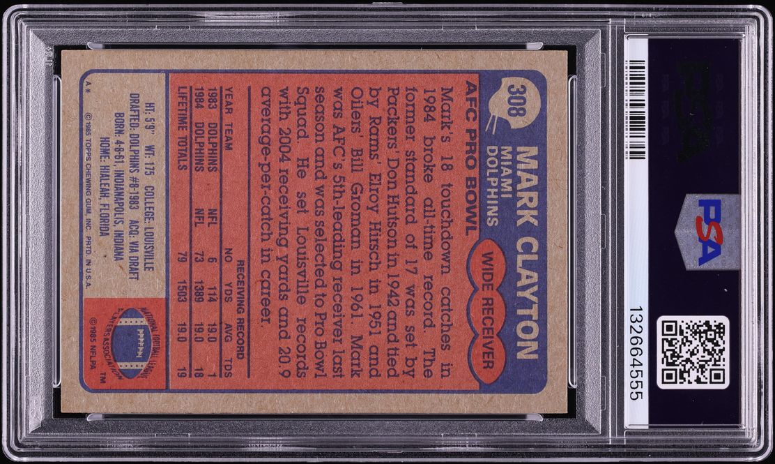 1985 Topps Football Mark Clayton ROOKIE ALL PRO #308 PSA 7 NRMT