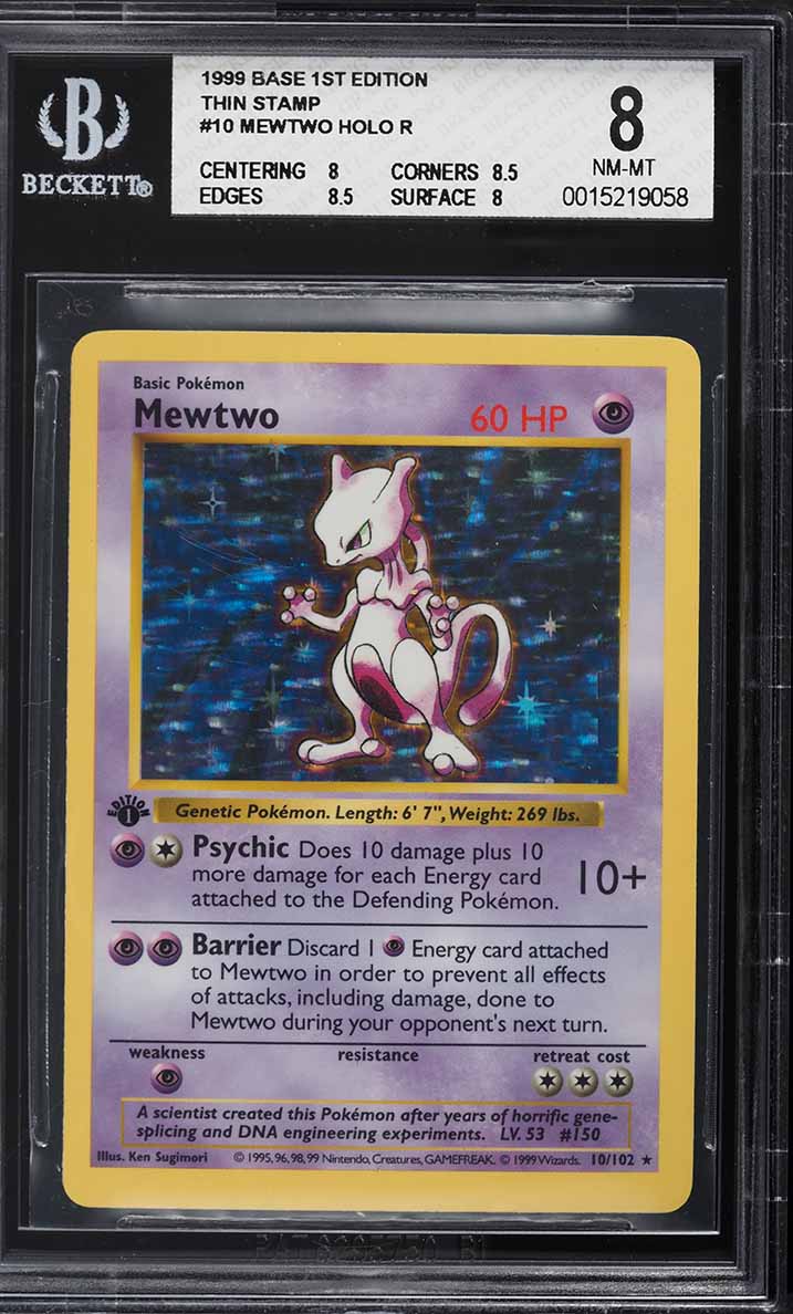 1999 Pokemon Base Set Shadowless 1st Edition Holo Thin Stamp Mewtwo #10 BGS 8
