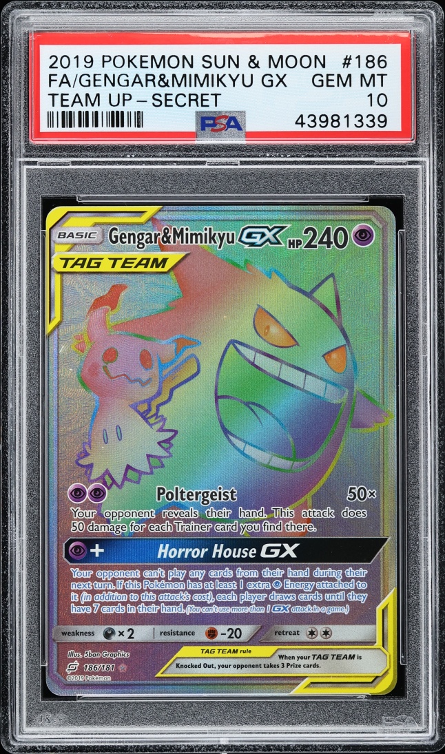 2019 Pokemon Sun & Moon Team Up Rainbow Rare Gengar & Mimikyu GX #186 PSA 10 GEM MINT