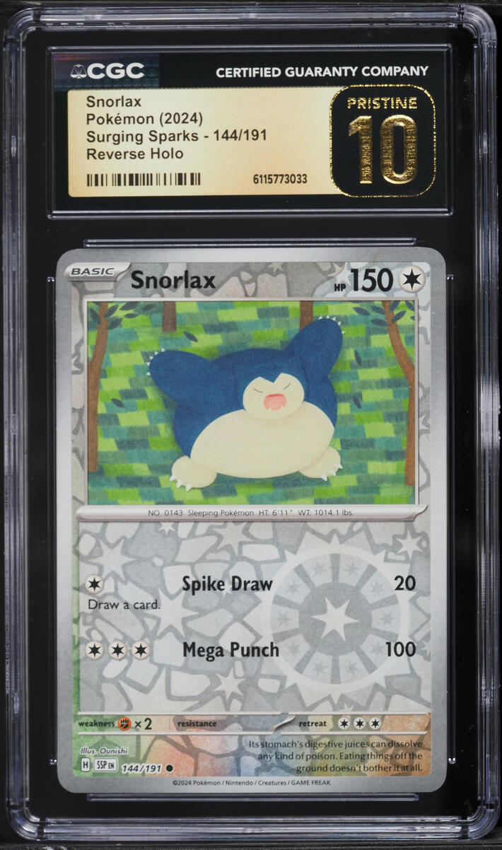 2024 Pokemon Scarlet & Violet Surging Sparks Reverse Holo Snorlax #144 CGC 10 PRISTINE