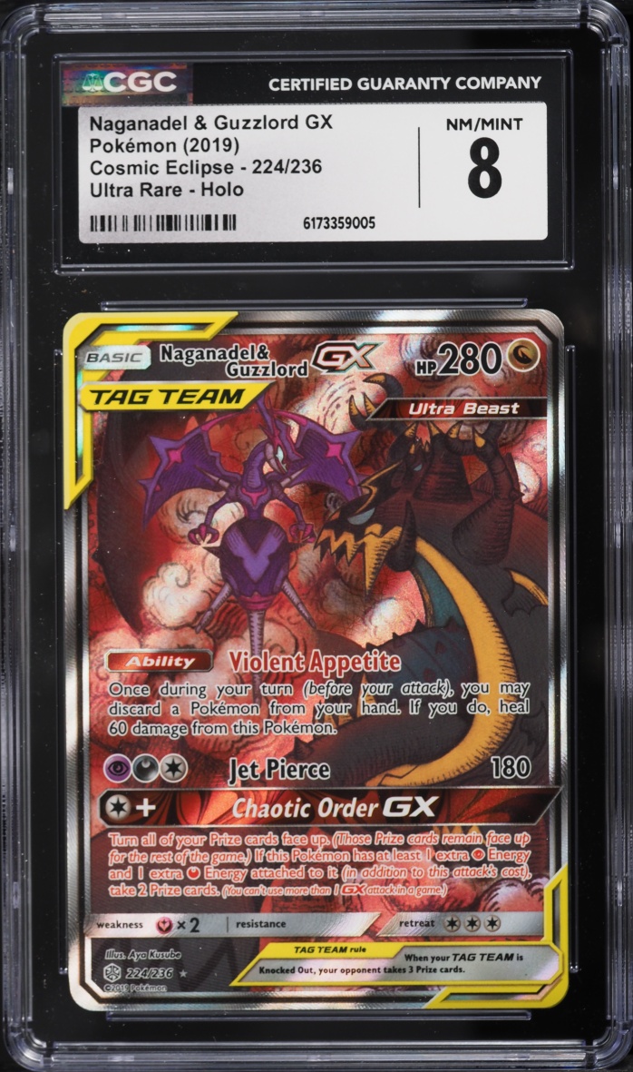 2019 Pokemon Sun & Moon Cosmic Eclipse Alt Art Naganadel & Guzzlord GX #224 CGC 8 NM-MT