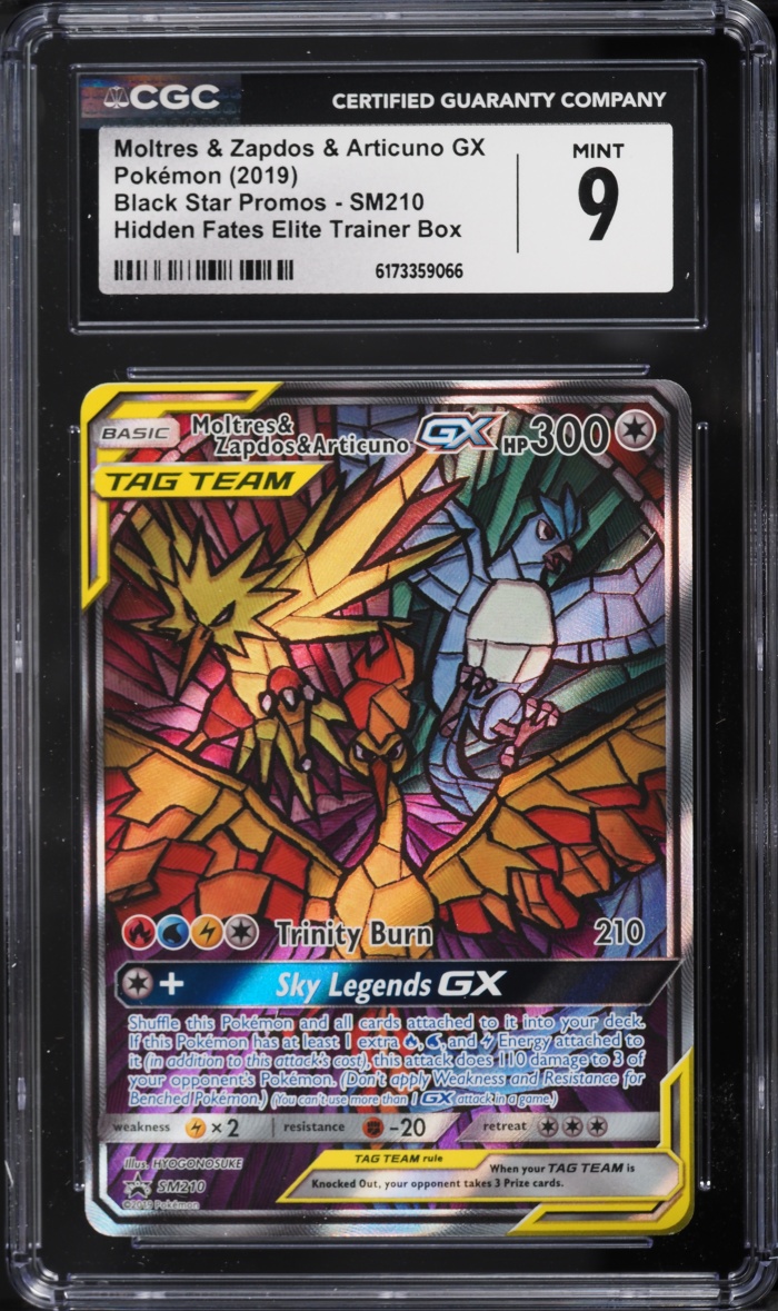 2019 Pokemon Sun & Moon Promo Hidden Fates ETB Full Art Moltres Zapdos Articuno GX #SM210 CGC 9