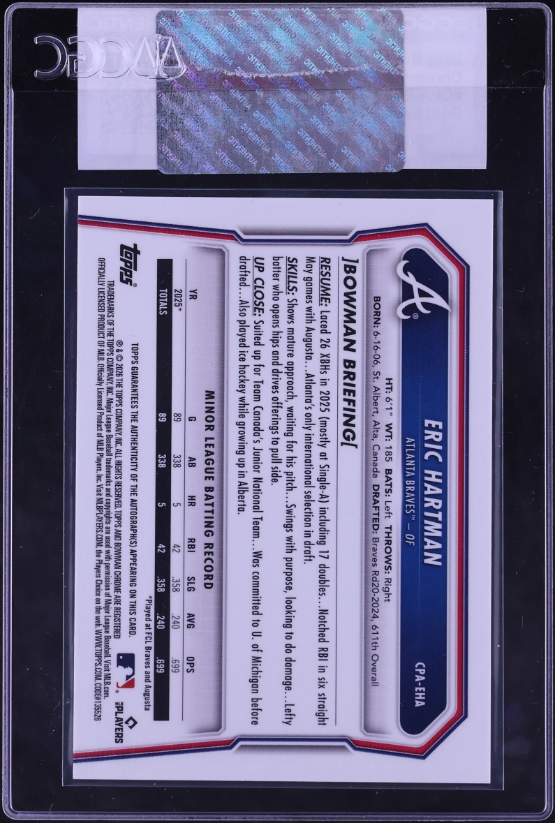 2026 Bowman Chrome Gold Lava Refractor Eric Hartman PROSPECT AUTO /50 #CPA-EHA CGC AUTH