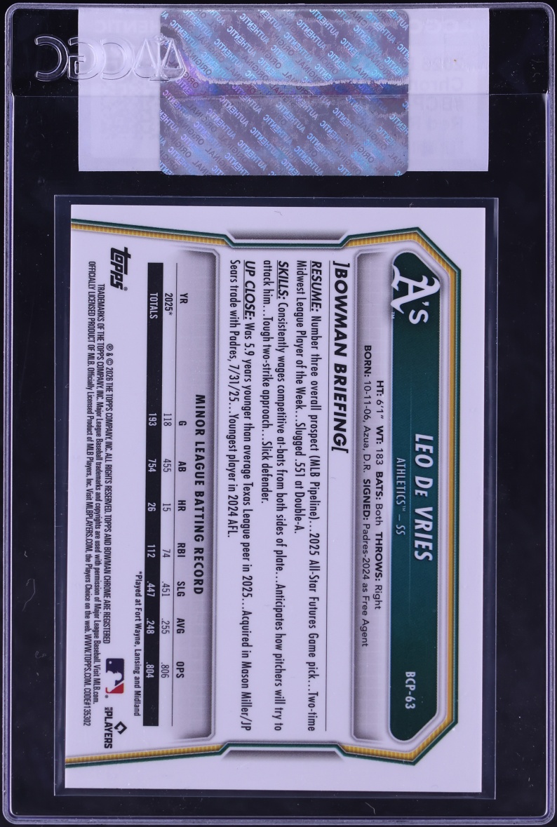 2026 Bowman Chrome Red Refractor Leo De Vries PROSPECT /5 #BCP-63 CGC AUTH