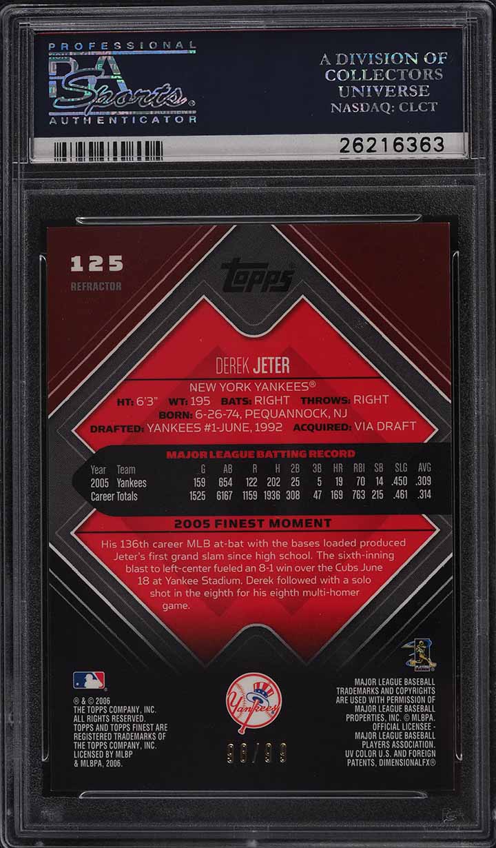 2006 Finest Black Refractor Derek Jeter /99 #125 PSA 10 GEM MINT - Photo 2