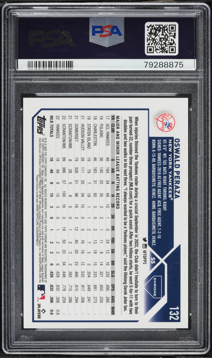 2023 Topps Chrome Magenta Refractor Oswald Peraza ROOKIE /399 #132 PSA 10 GEM MINT