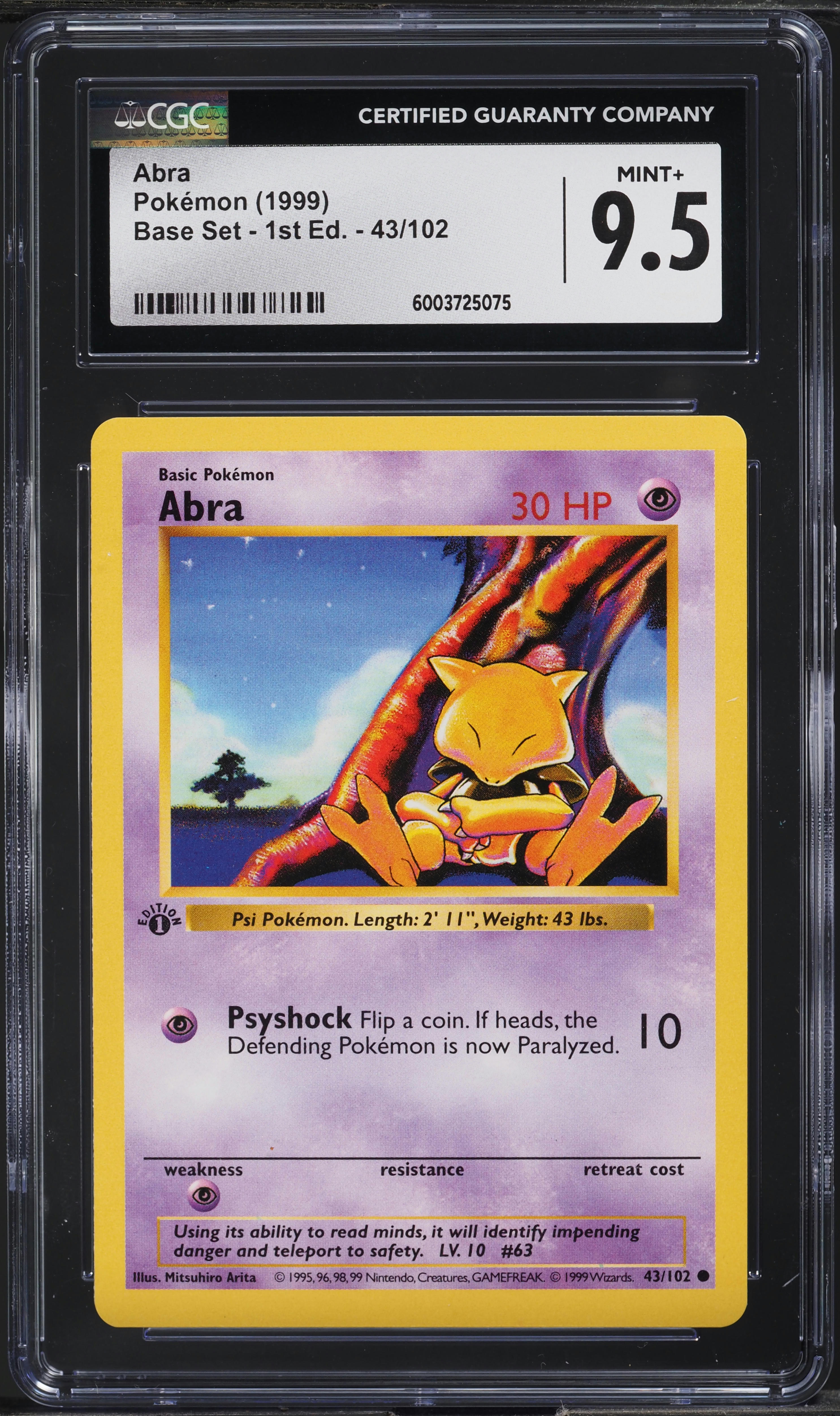 1999 Pokemon Base Set Shadowless 1st Edition Abra #43 CGC 9.5 MINT+