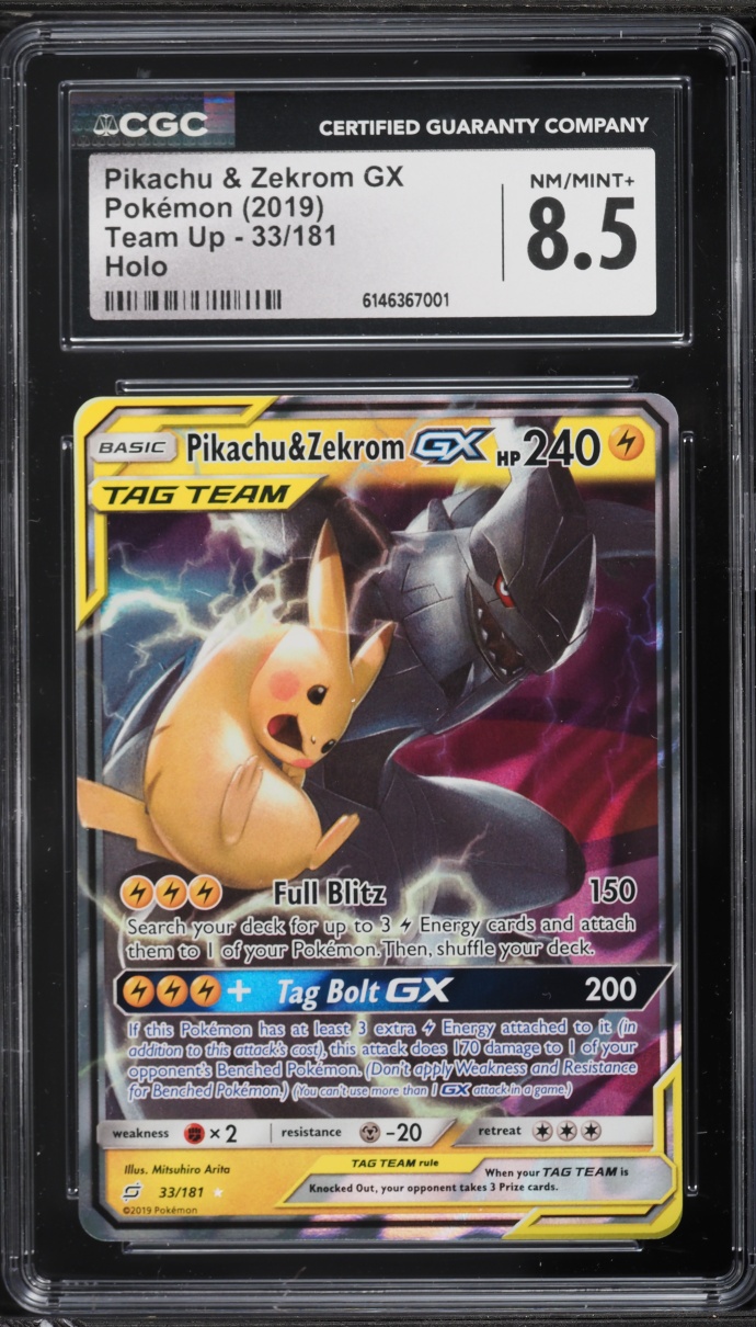 2019 Pokemon Sun & Moon Team Up Holo Pikachu & Zekrom GX #33 CGC 8.5 NM-MT+