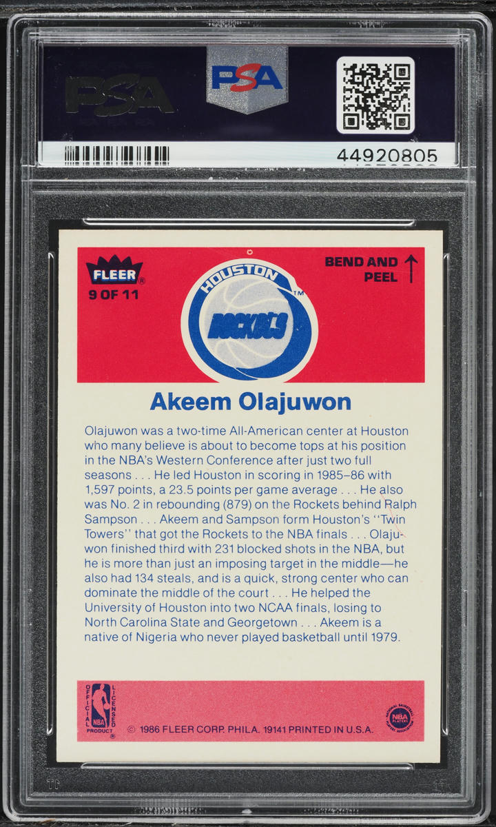 1986 Fleer Sticker Hakeem Olajuwon ROOKIE #9 PSA 10 GEM MINT