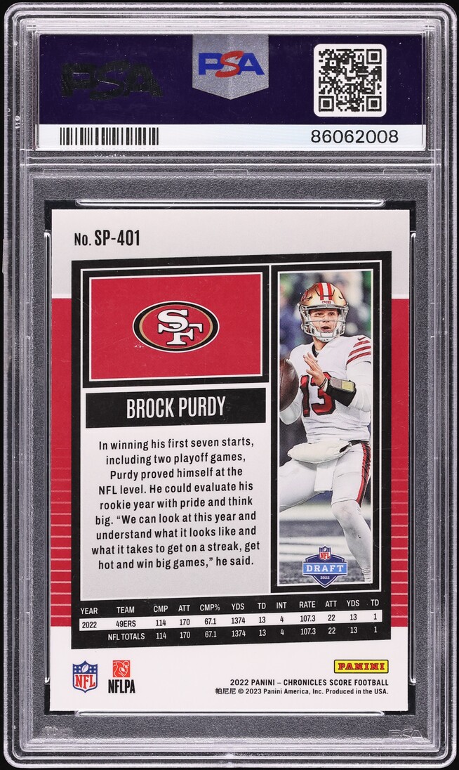 2022 Panini Chronicles Score Premium Update Brock Purdy ROOKIE #SP-401 PSA 10 GEM MINT