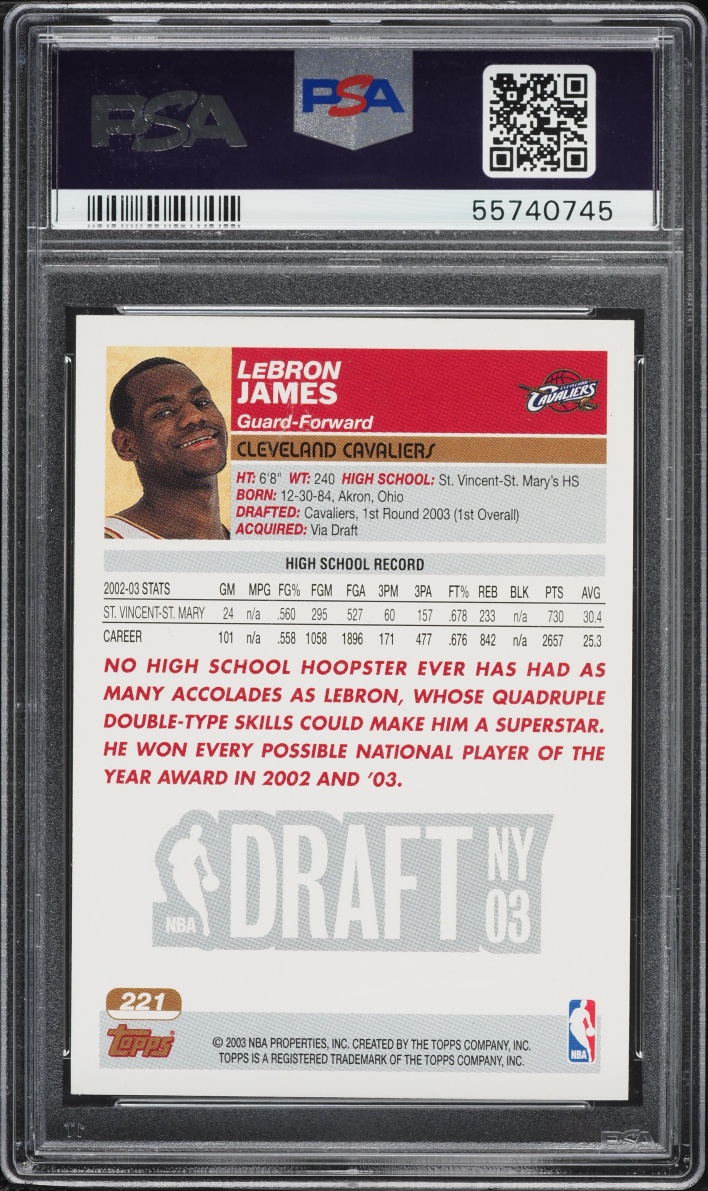 2003 Topps Basketball LeBron James ROOKIE #221 PSA 10 GEM MINT