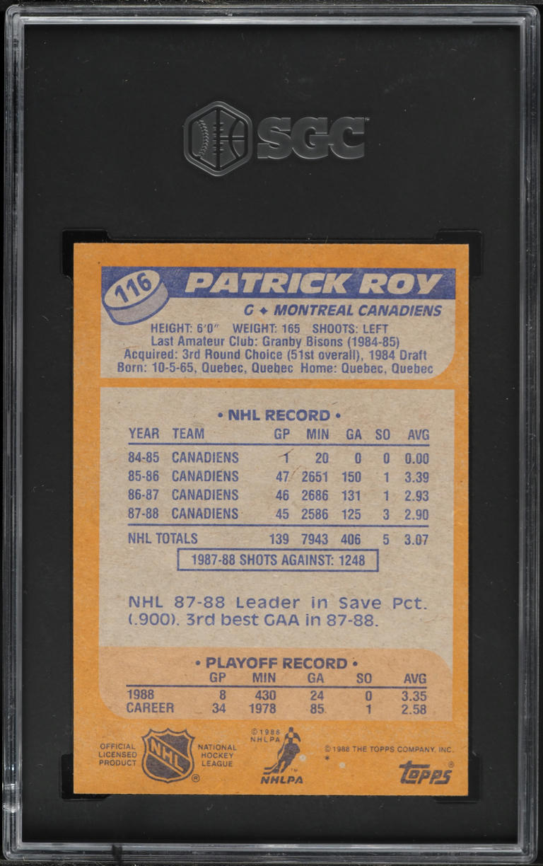 1988 Topps Hockey Patrick Roy #116 SGC 7 NRMT