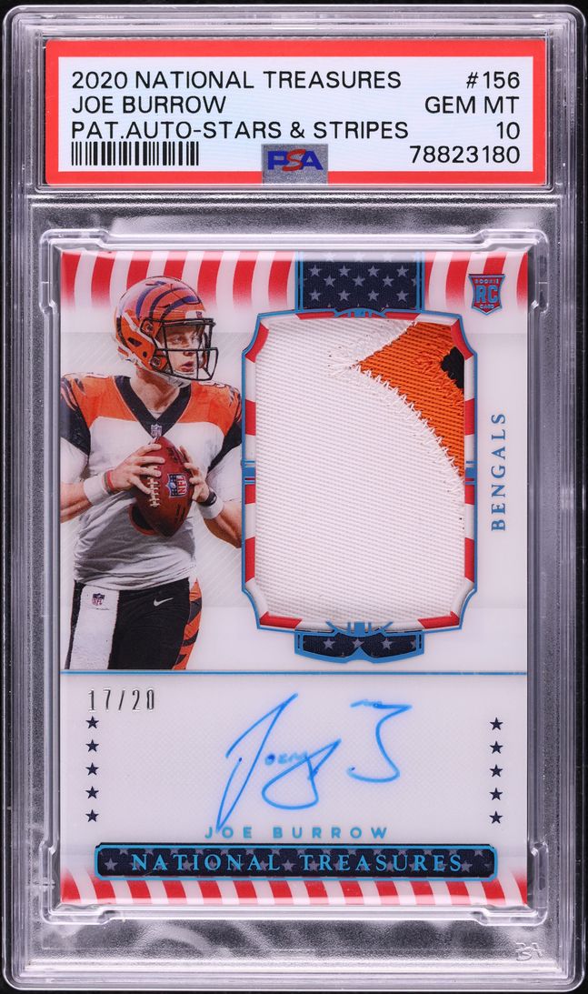 2020 National Treasures Stars & Stripes Joe Burrow ROOKIE PATCH AUTO /20 PSA 10