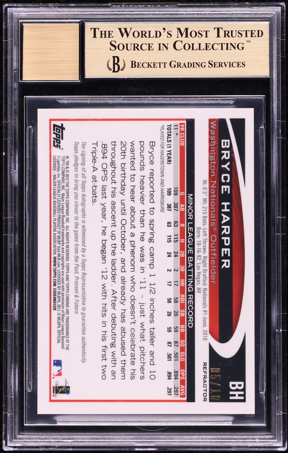 2012 Topps Chrome Atomic Refractor Bryce Harper ROOKIE AUTO /10 #BH BGS 9.5 GEM