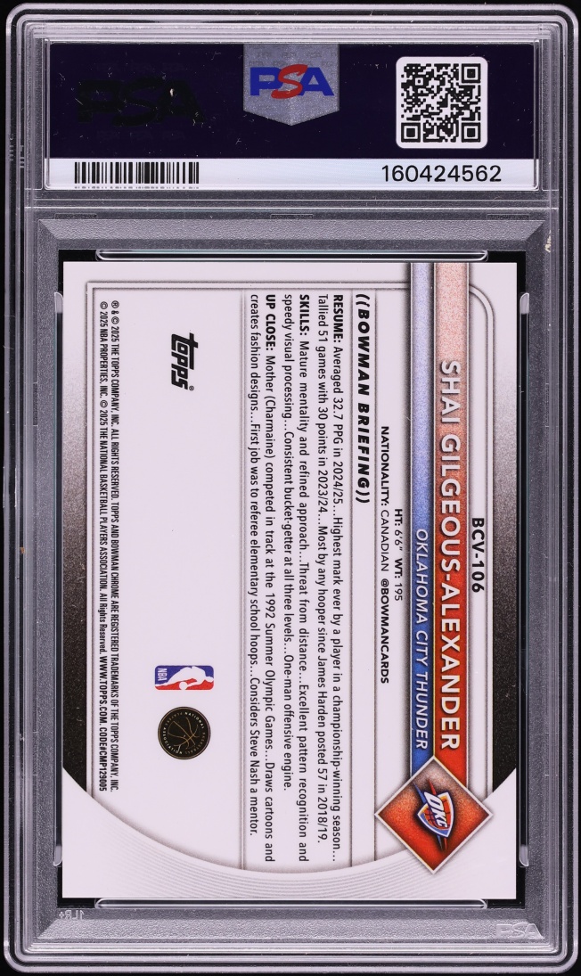 2025 Bowman Chrome Black Refractor Shai Gilgeous-Alexander JSY # 2/10 #BCV-106 PSA 10 GEM MINT