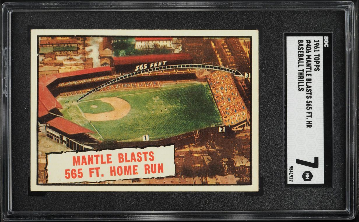 1961 Topps Mickey Mantle BLASTS 565 FT. HOME RUN #406 SGC 7 NRMT