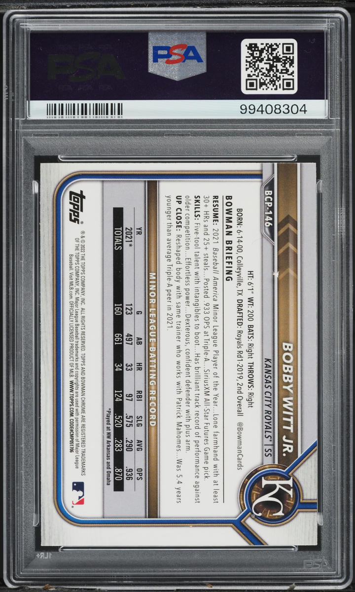 2022 Bowman Chrome Prospects Bobby Witt Jr. ROOKIE #BCP146 PSA 8 NM-MT