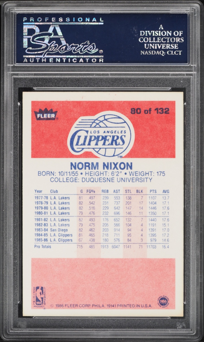 1986 Fleer Basketball Norm Nixon #80 PSA 9 MINT