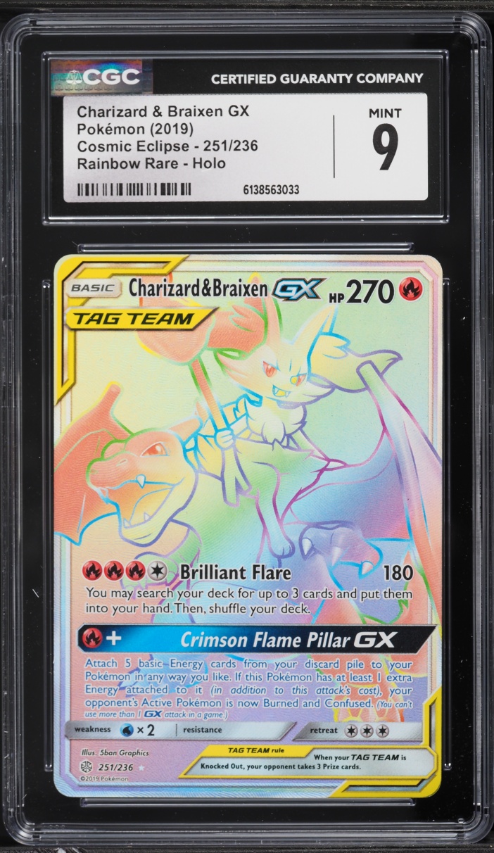 2019 Pokemon Sun & Moon Cosmic Eclipse Rainbow Rare Charizard & Braixen GX #251 CGC 9 MINT