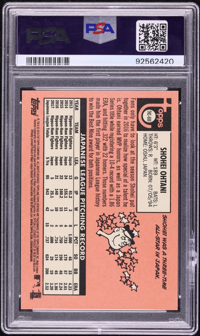 2018 Topps Chrome Heritage Purple Refractor Shohei Ohtani ROOKIE #THC600 PSA 10