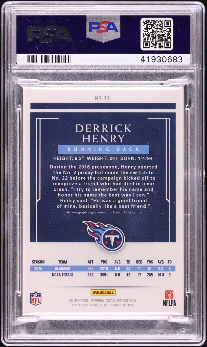 2016 National Treasures RPS Black Derrick Henry ROOKIE AUTO 1/5 #11 PSA 8 NM-MT - Photo 2