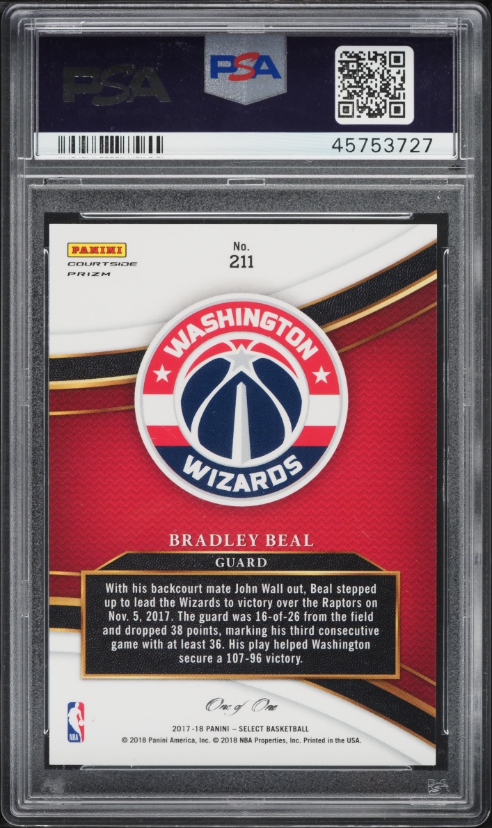 2017 Select Courtside Pink Prizm Bradley Beal 1/1 #211 PSA 10 GEM MINT