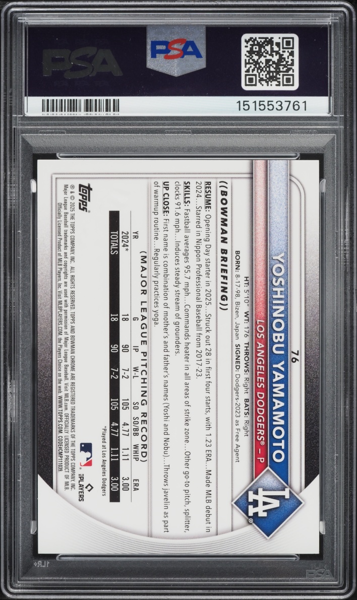 2025 Bowman Chrome Mega Box Black Refractor Yoshinobu Yamamoto /10 #76 PSA 9 MINT