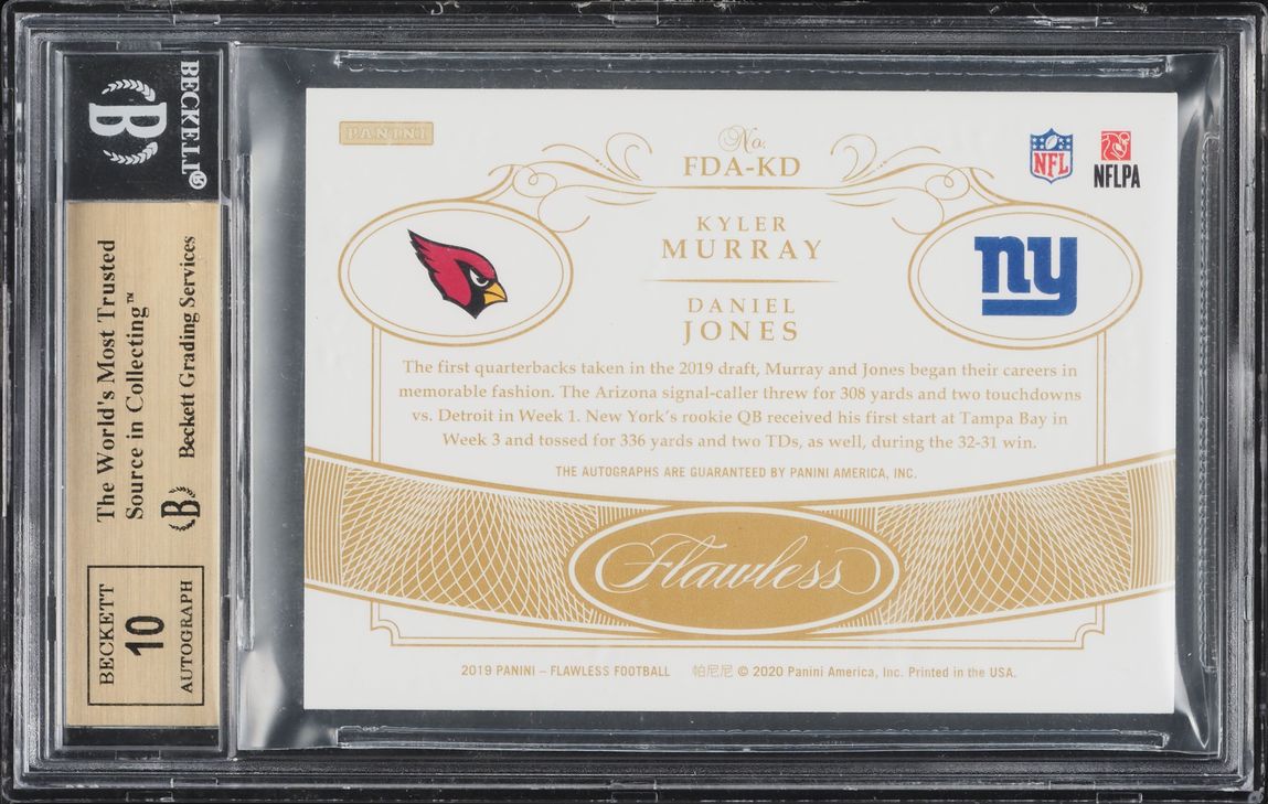 2019 Panini Flawless Dual Sapphire Daniel Jones Kyler Murray ROOKIE AUTO 3/3 #FDAKD BGS 9.5 GEM