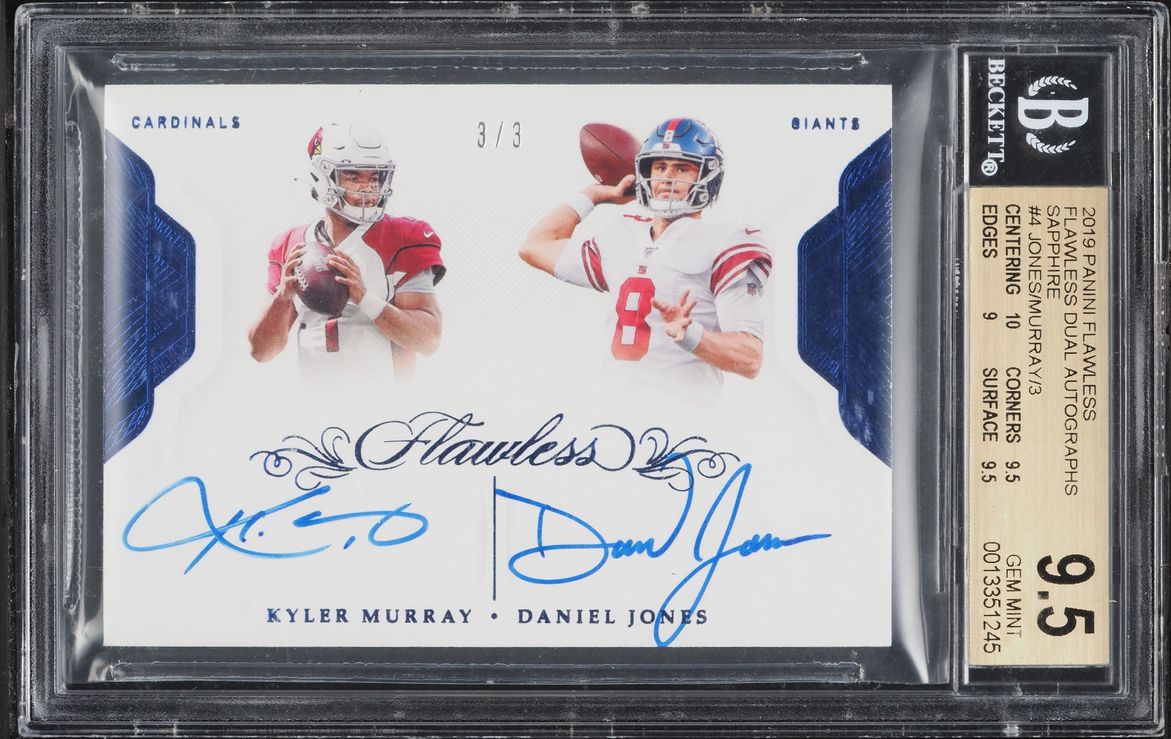 2019 Panini Flawless Dual Sapphire Daniel Jones Kyler Murray ROOKIE AUTO 3/3 #FDAKD BGS 9.5 GEM
