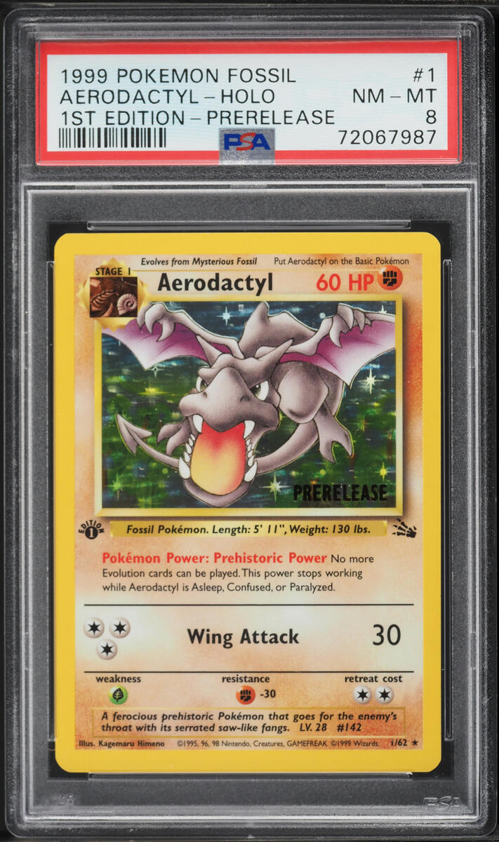 1999 Pokemon Fossil 1st Edition Prerelease Holo Aerodactyl #1 PSA 8 NM-MT