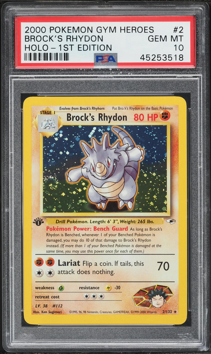 2000 Pokemon Gym Heroes 1st Edition Holo Brock's Rhydon #2 PSA 10 GEM MINT