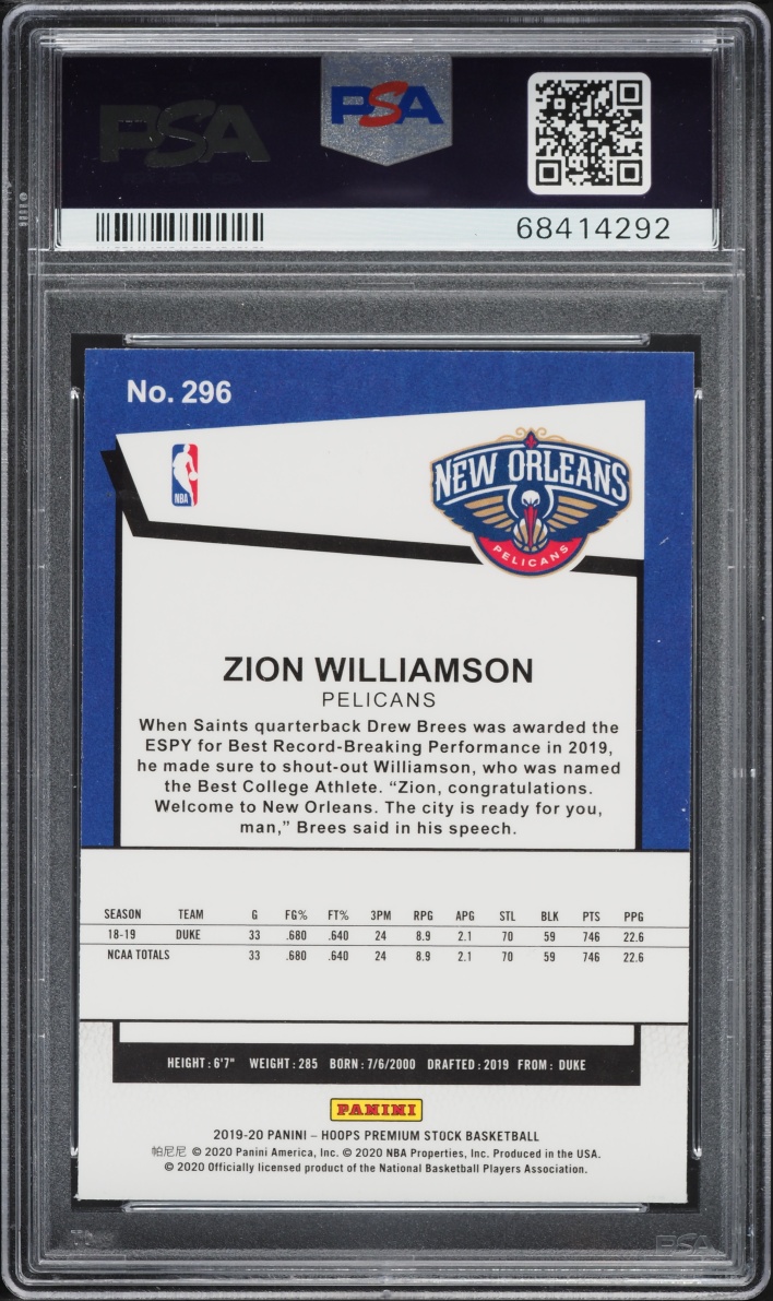 2019 Hoops Premium Stock Zion Williamson ROOKIE #296 PSA 9 MINT
