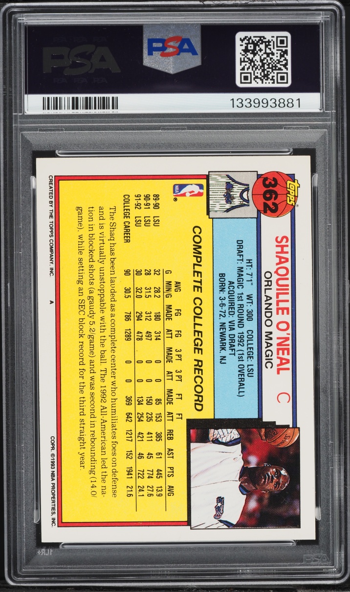 1992 Topps Basketball Shaquille O'Neal ROOKIE #362 PSA 8 NM-MT