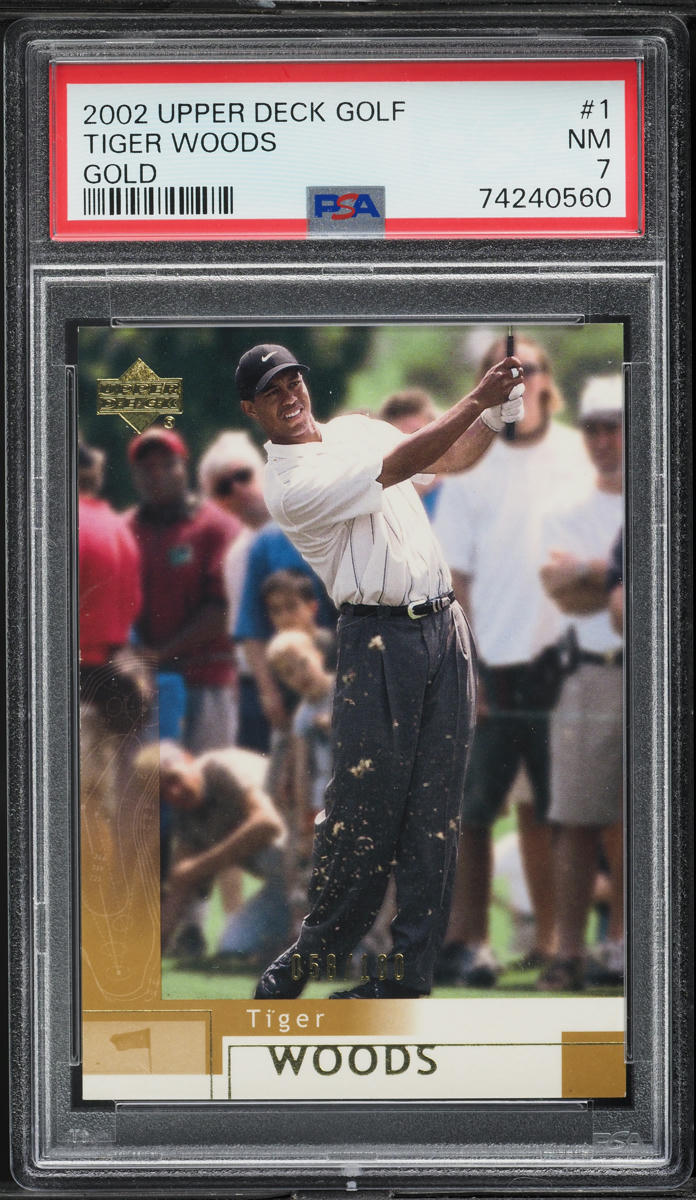 2002 Upper Deck Golf Gold Tiger Woods /100 #1 PSA 7 NRMT