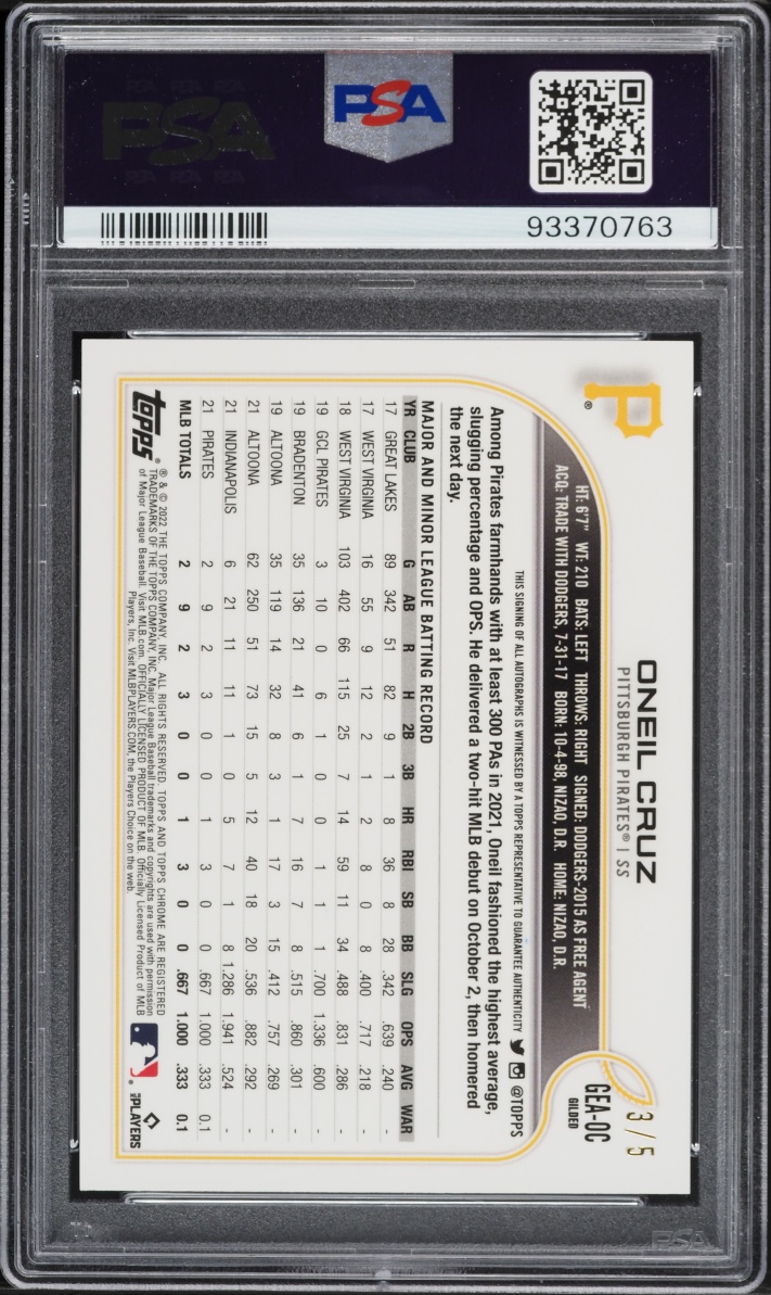 2022 Topps Chrome Gilded Collection Gold Etch Red Oneil Cruz ROOKIE AUTO /5 #GEA-OC PSA 10 GEM