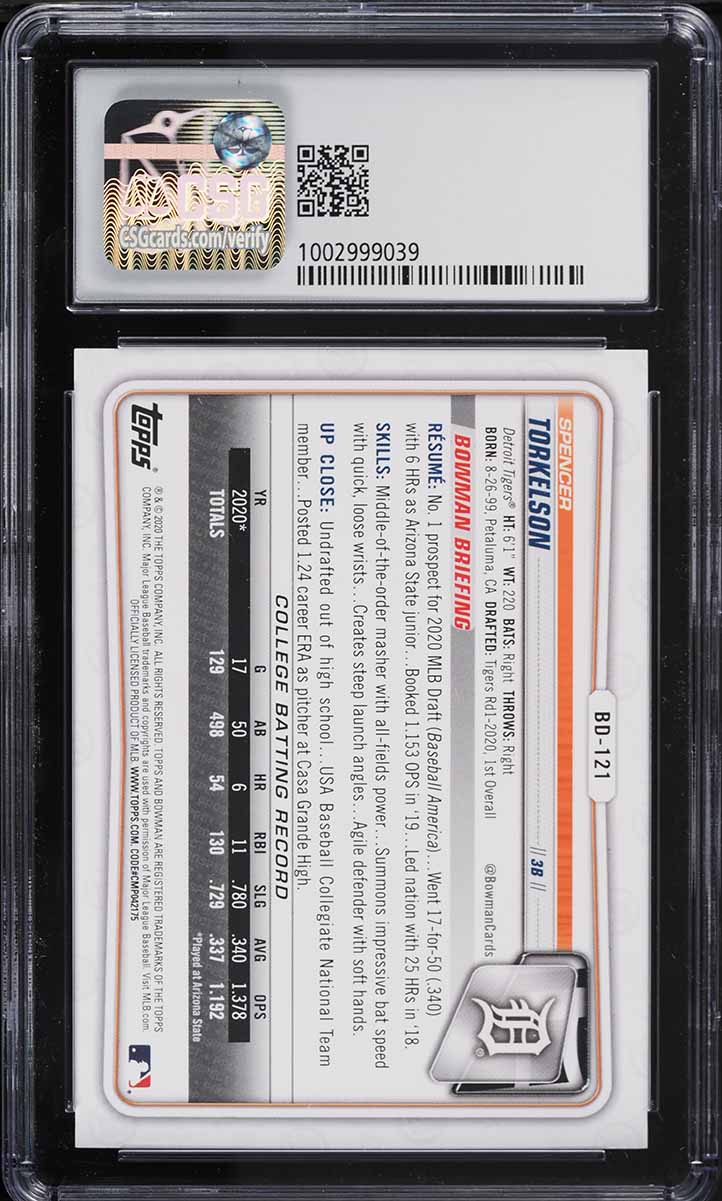 2020 Bowman Draft Spencer Torkelson ROOKIE #BD-121 CSG 9.5 GEM MINT