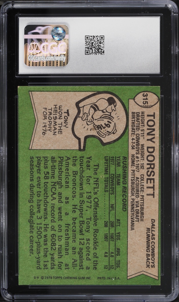 1978 Topps Football Tony Dorsett ROOKIE #315 CGC 6.5 EXMT+