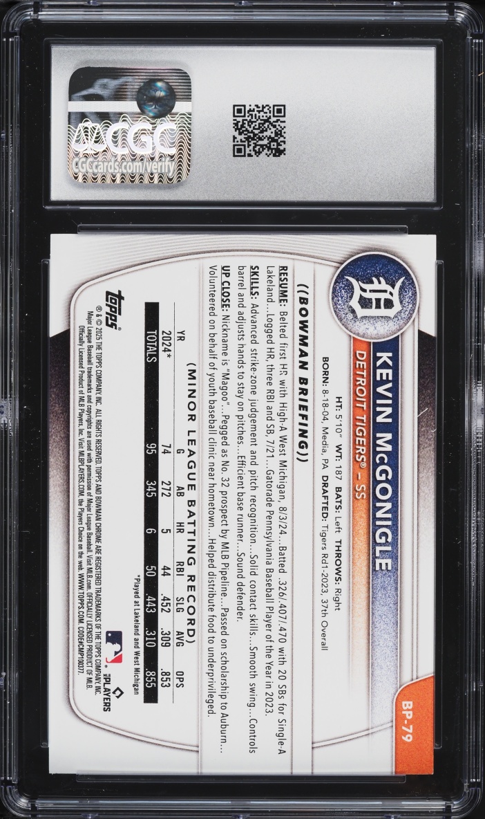 2025 Bowman Kevin McGonigle PROSPECT #BP-79 CGC 10 GEM MINT