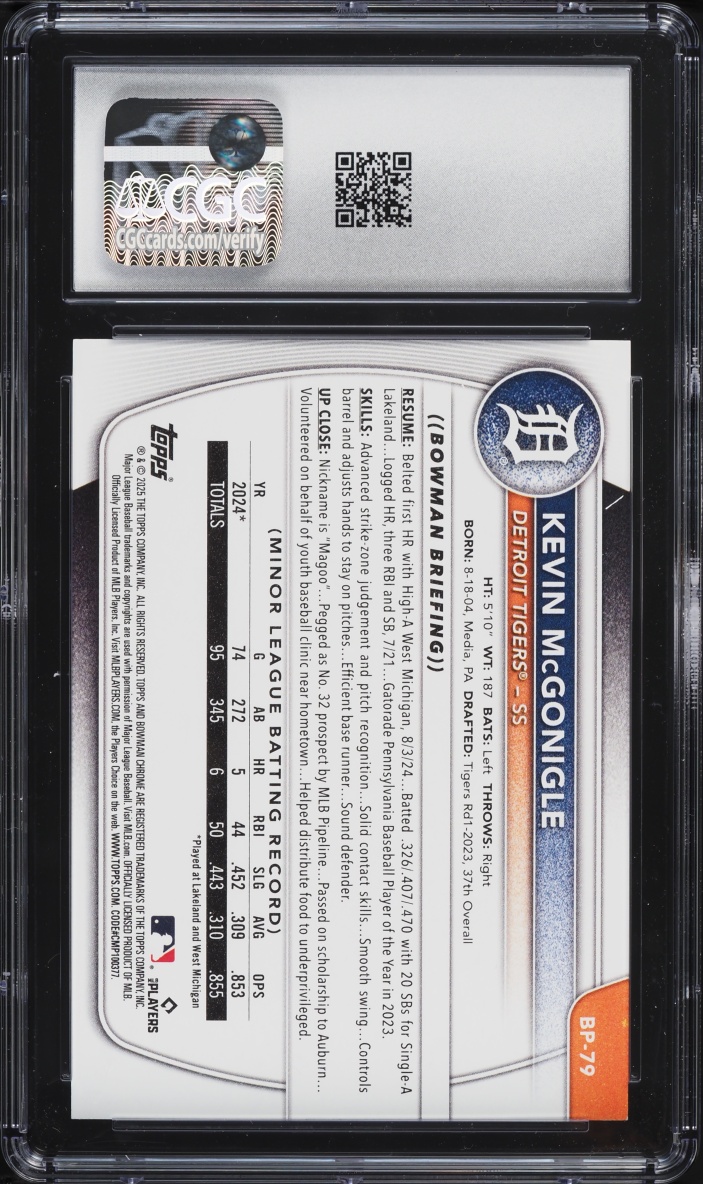 2025 Bowman Kevin McGonigle PROSPECT #BP-79 CGC 10 GEM MINT