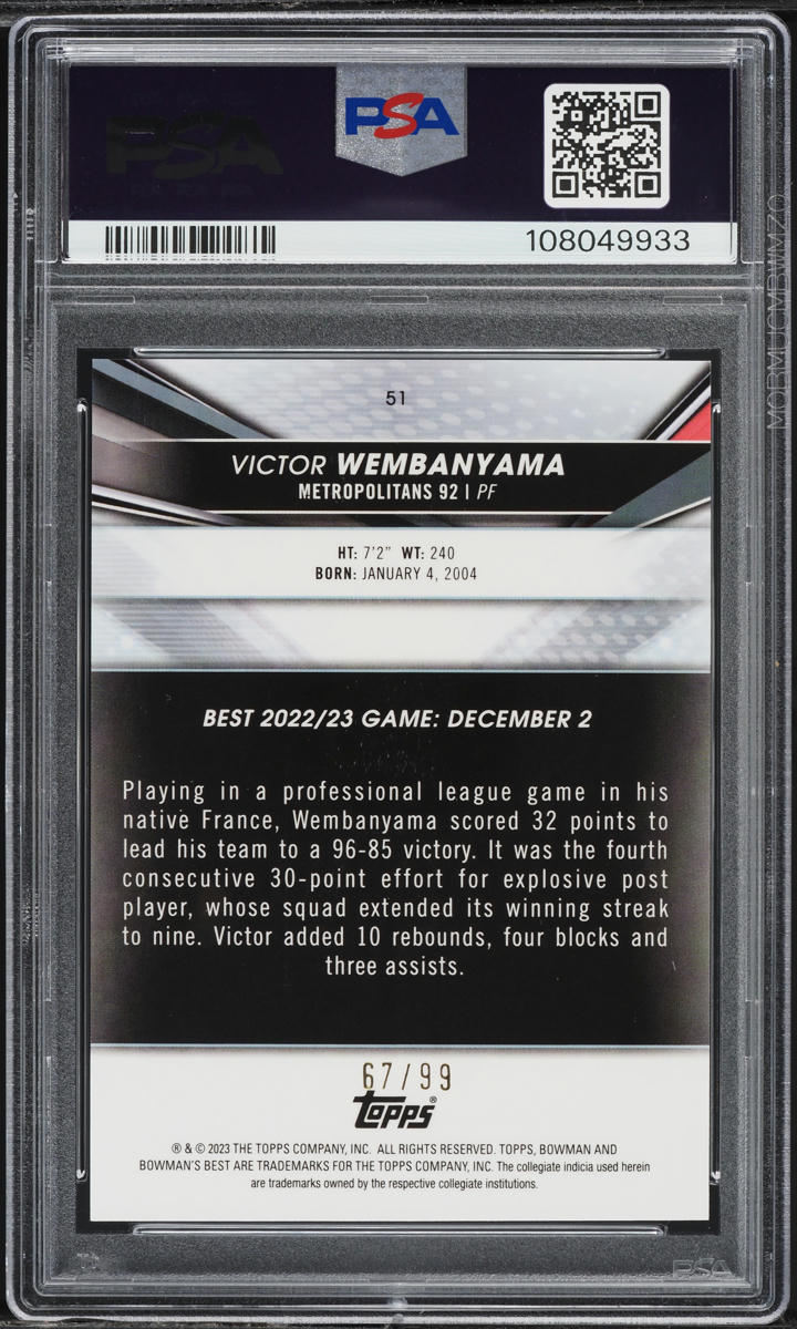 2022 Bowman University Best Green Refractor Victor Wembanyama ROOKIE /99 PSA 9