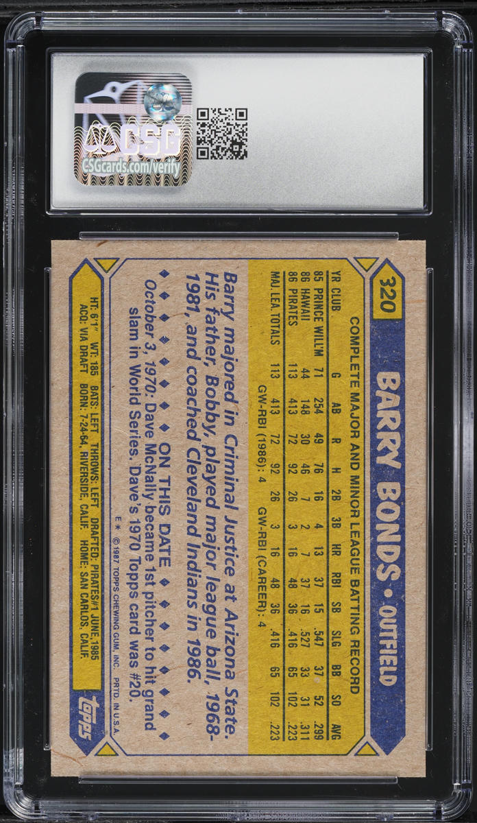 1987 Topps Barry Bonds ROOKIE #320 CGC 9 MINT