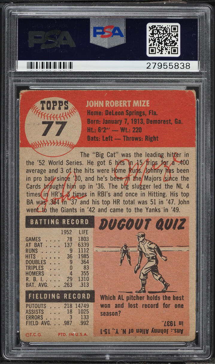 1953 Topps John Mize #77 PSA 1.5 FR