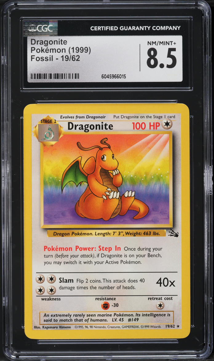 1999 Pokemon Fossil Dragonite #19 CGC 8.5 NM-MT+
