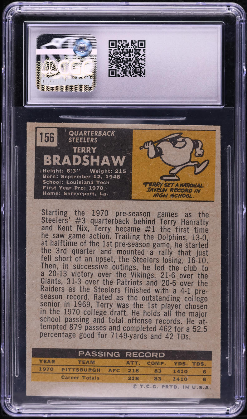 1971 Topps Football Terry Bradshaw ROOKIE #156 CGC 6.5 EXMT+