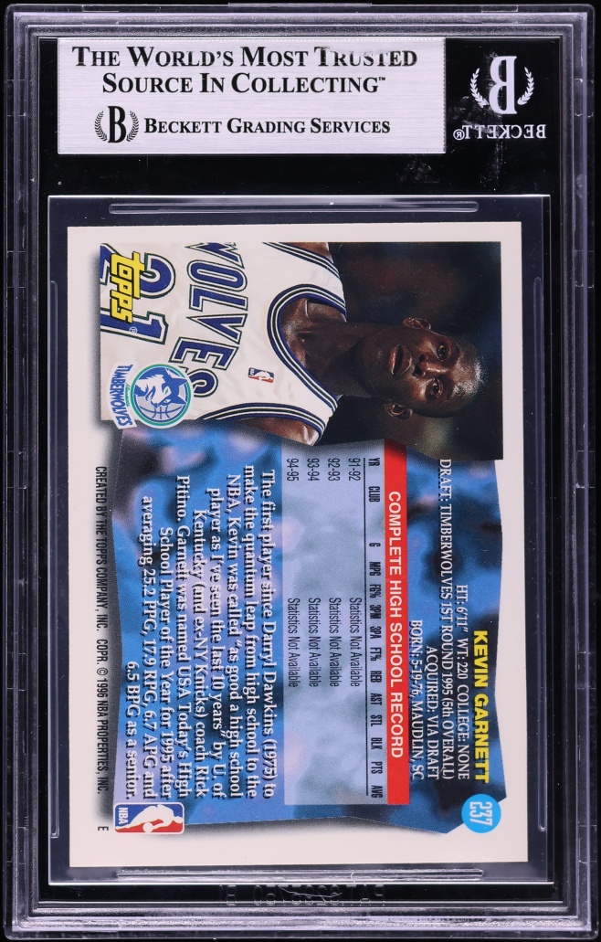 1995 Topps Basketball Kevin Garnett ROOKIE #237 BGS 9 MINT