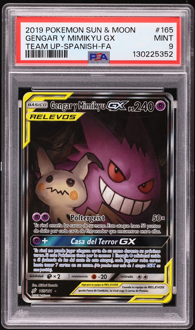 2019 Pokemon Spanish Sun & Moon Team Up Full Art Gengar & Mimikyu GX #165 PSA 9 MINT