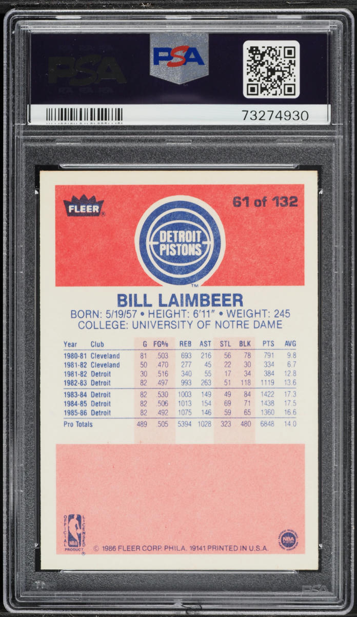 1986 Fleer Basketball Bill Laimbeer #61 PSA 6 EXMT